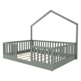House Shape Full Floor Bed with High Rails and Light
