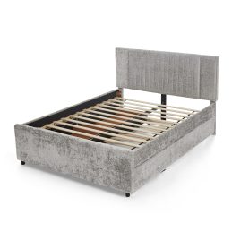 Queen Size Upholstered Bed with Vertical Channel Tufted Headboard & Nailhead Trim