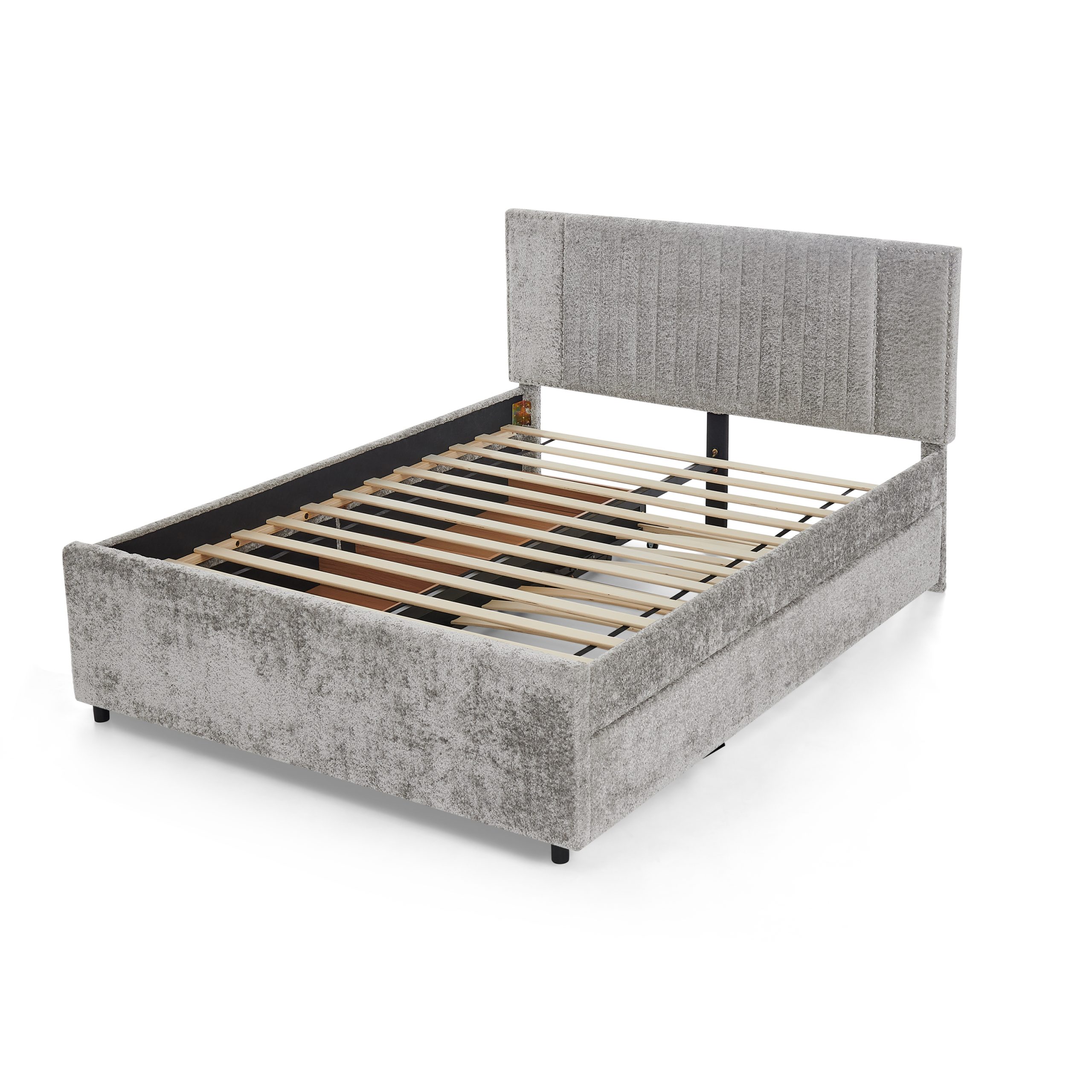 Queen Size Upholstered Bed with Vertical Channel Tufted Headboard & Nailhead Trim