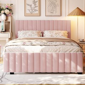 Queen Size Velvet Upholstered Platform Bed with Twin XL Size Trundle