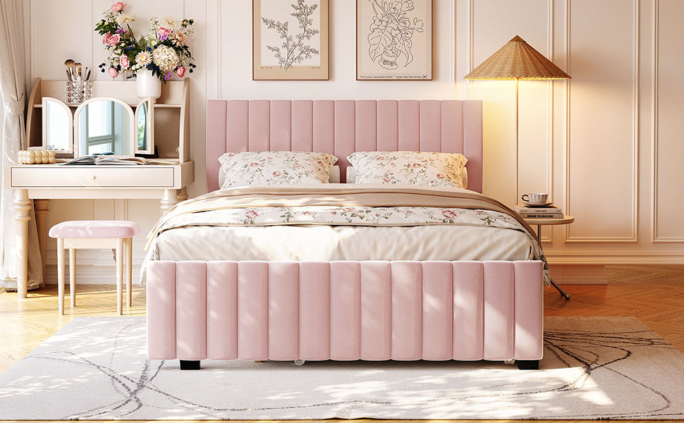 Queen Size Velvet Upholstered Platform Bed with Twin XL Size Trundle