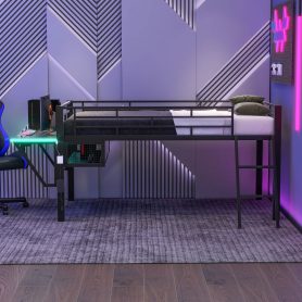 Twin Gaming Mid Loft Bed With Desk and LED Light
