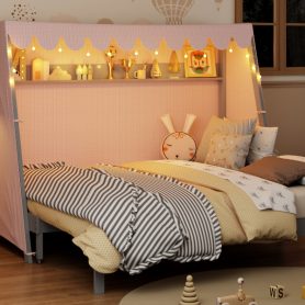 Twin XL House Bed with Twin XL Trundle, Shelf, Tent and Light