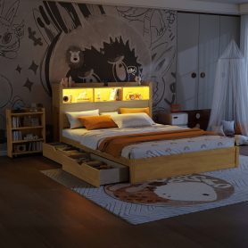 Wood Queen Bed with Drawers, Headboard And Pull Out Storage Cabinet