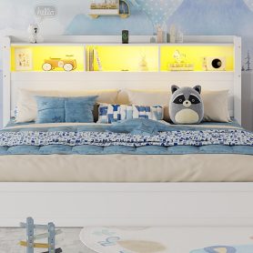 Wood King Bed with Drawers, Headboard And Pull Out Storage Cabinet