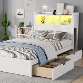 Wood Twin Bed with Drawers, Headboard And Pull Out Storage Cabinet
