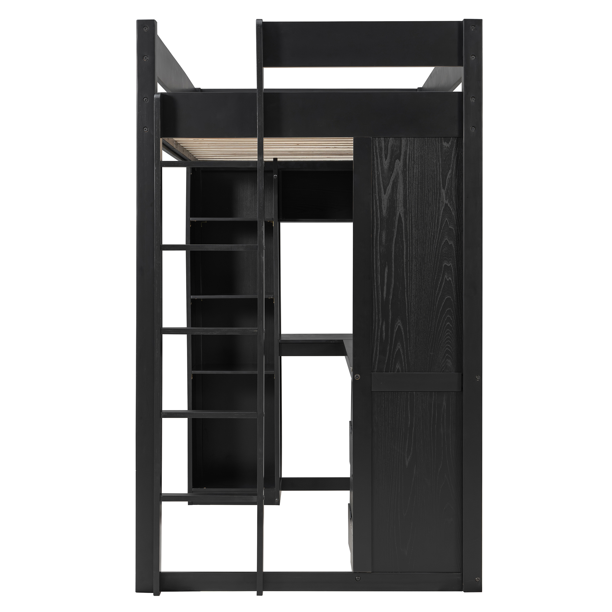 Twin Size Solid Wood Loft Bed with L-Shaped Desk and 4 Drawers