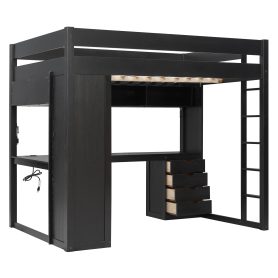 Full Size Solid Wood Loft Bed with L-Shaped Desk and 4 Drawers