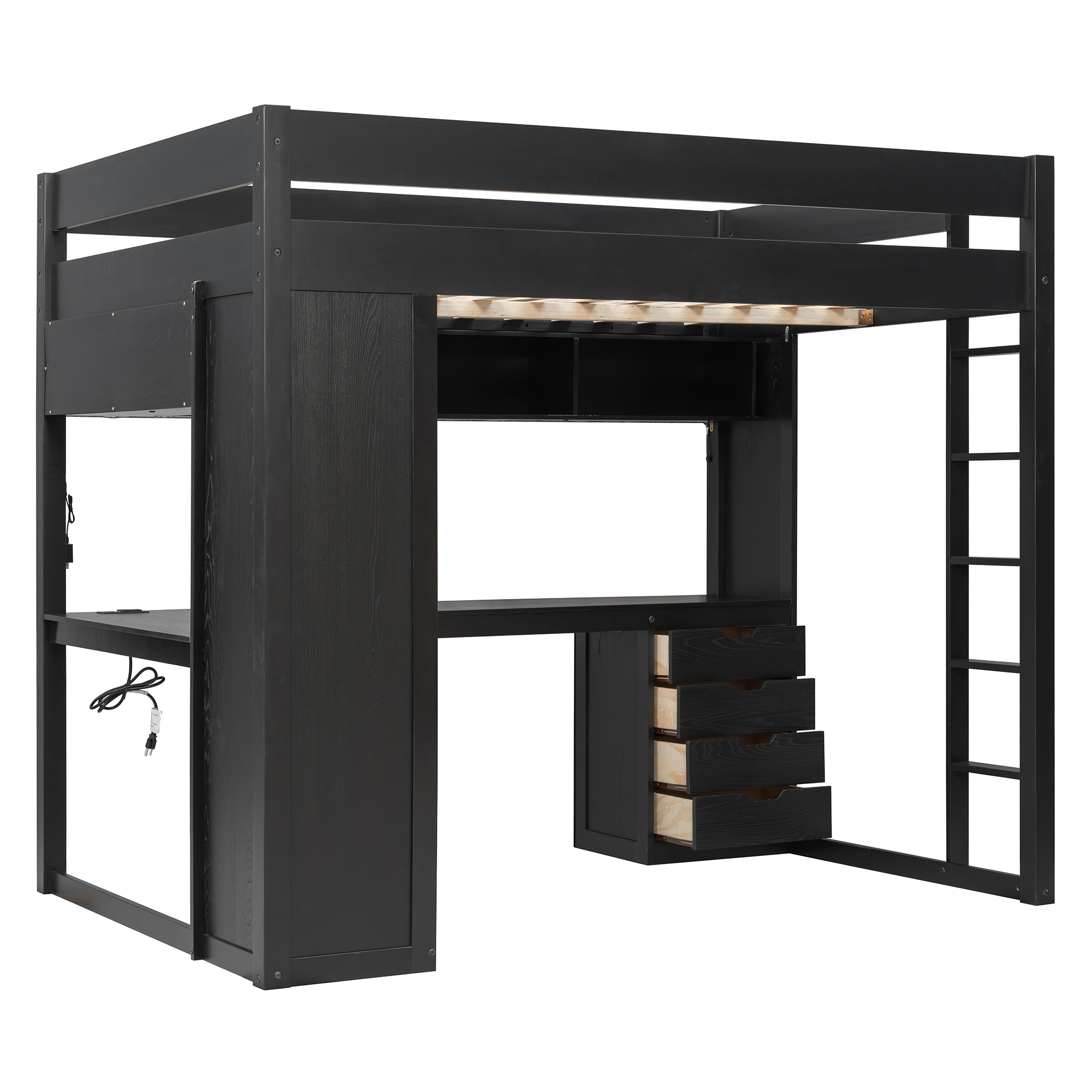 Full Size Solid Wood Loft Bed with L-Shaped Desk and 4 Drawers