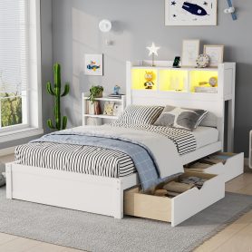 Wood Twin Bed with Drawers, Headboard And Pull Out Storage Cabinet