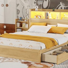 Wood Queen Bed with Drawers, Headboard And Pull Out Storage Cabinet