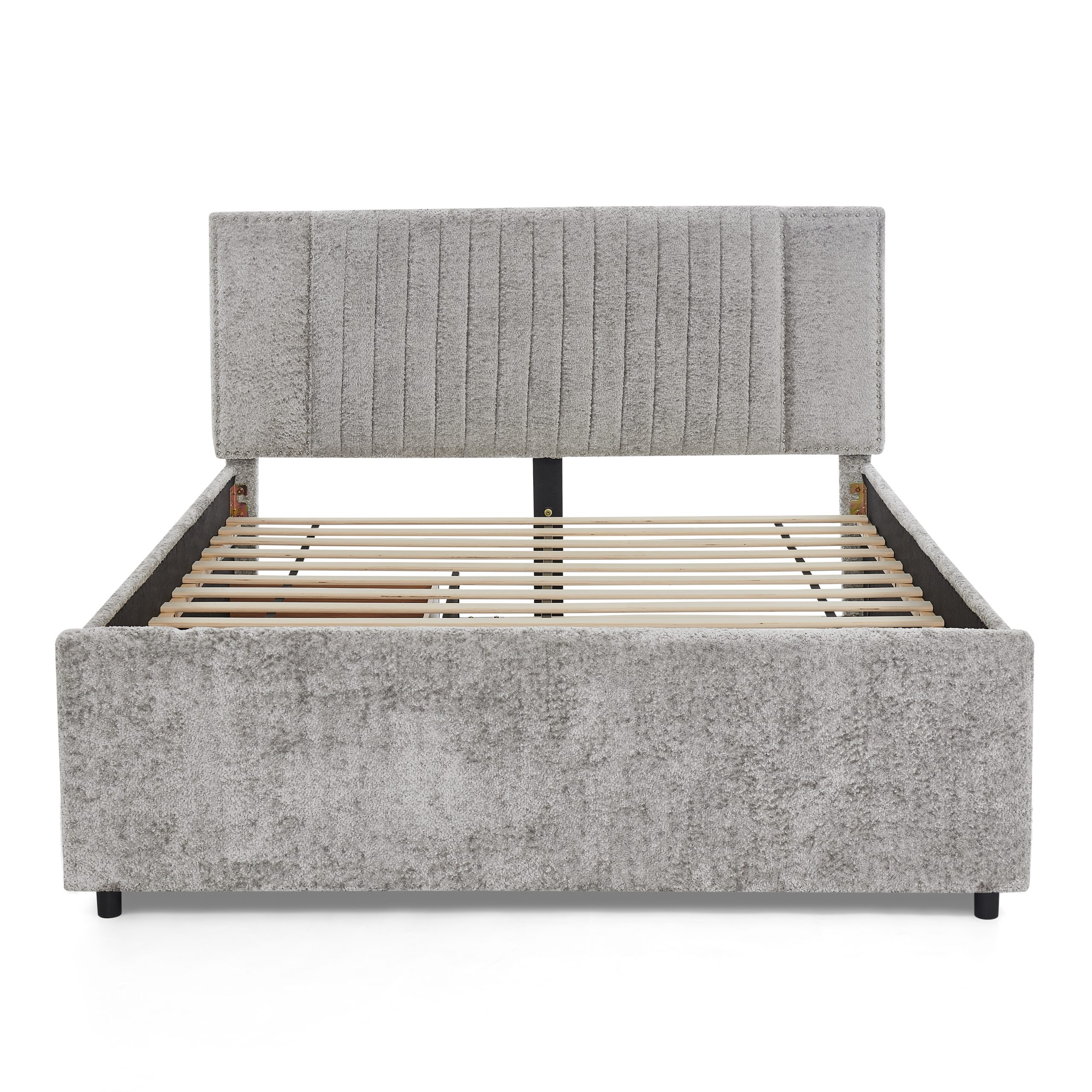 Queen Size Upholstered Bed with Vertical Channel Tufted Headboard & Nailhead Trim
