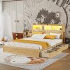 Wood Queen Bed with Drawers, Headboard And Pull Out Storage Cabinet