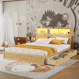 Wood Queen Bed with Drawers, Headboard And Pull Out Storage Cabinet