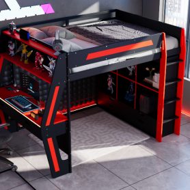 Full Size Gaming Loft Bed with Integrated Desk, Smart RGB LED Lights and USB Ports