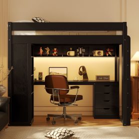 Twin Size Solid Wood Loft Bed with L-Shaped Desk and 4 Drawers