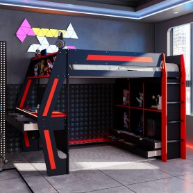 Full Size Gaming Loft Bed with Integrated Desk, Smart RGB LED Lights and USB Ports