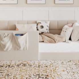 Velvet Upholstered Sofa Bed with High Side Panels and Side Entrance