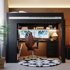 Full Size Solid Wood Loft Bed with L-Shaped Desk and 4 Drawers