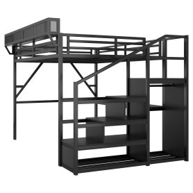 Metal Full Size Loft Bed With Desk, Charging Station, Stairs And Light