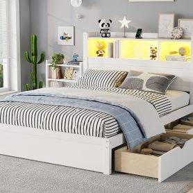 Wood Full Bed with Drawers, Headboard And Pull Out Storage Cabinet