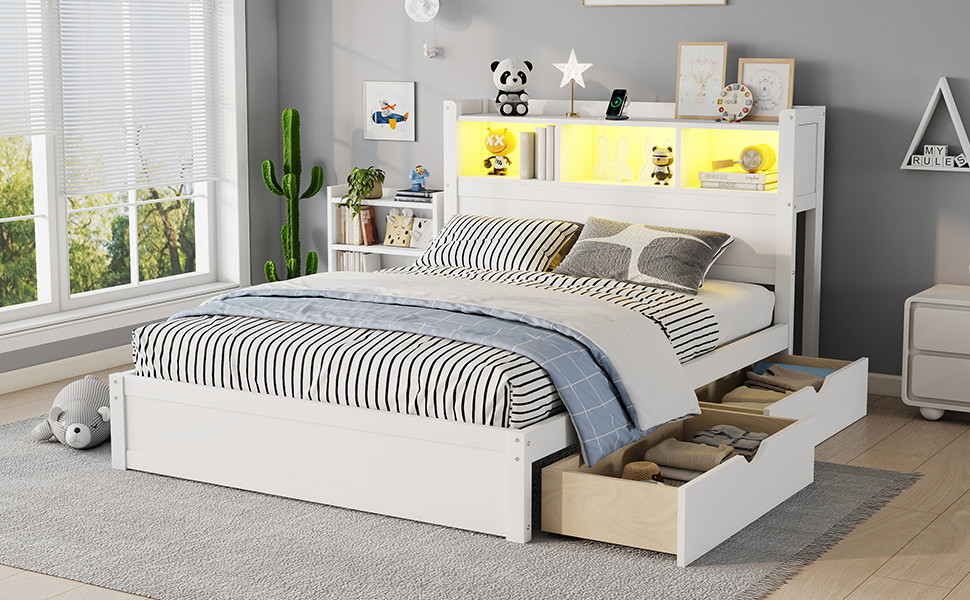 Wood Full Bed with Drawers, Headboard And Pull Out Storage Cabinet