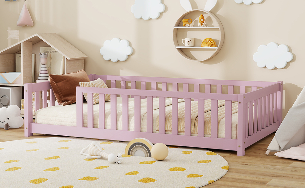 Twin Size Floor Bed with Fence without Door