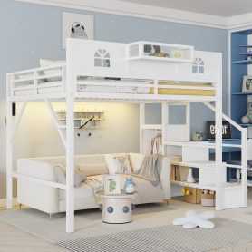 Metal Queen Loft Bed With High And House Shaped Guardrails, Stairs and Wardrobe