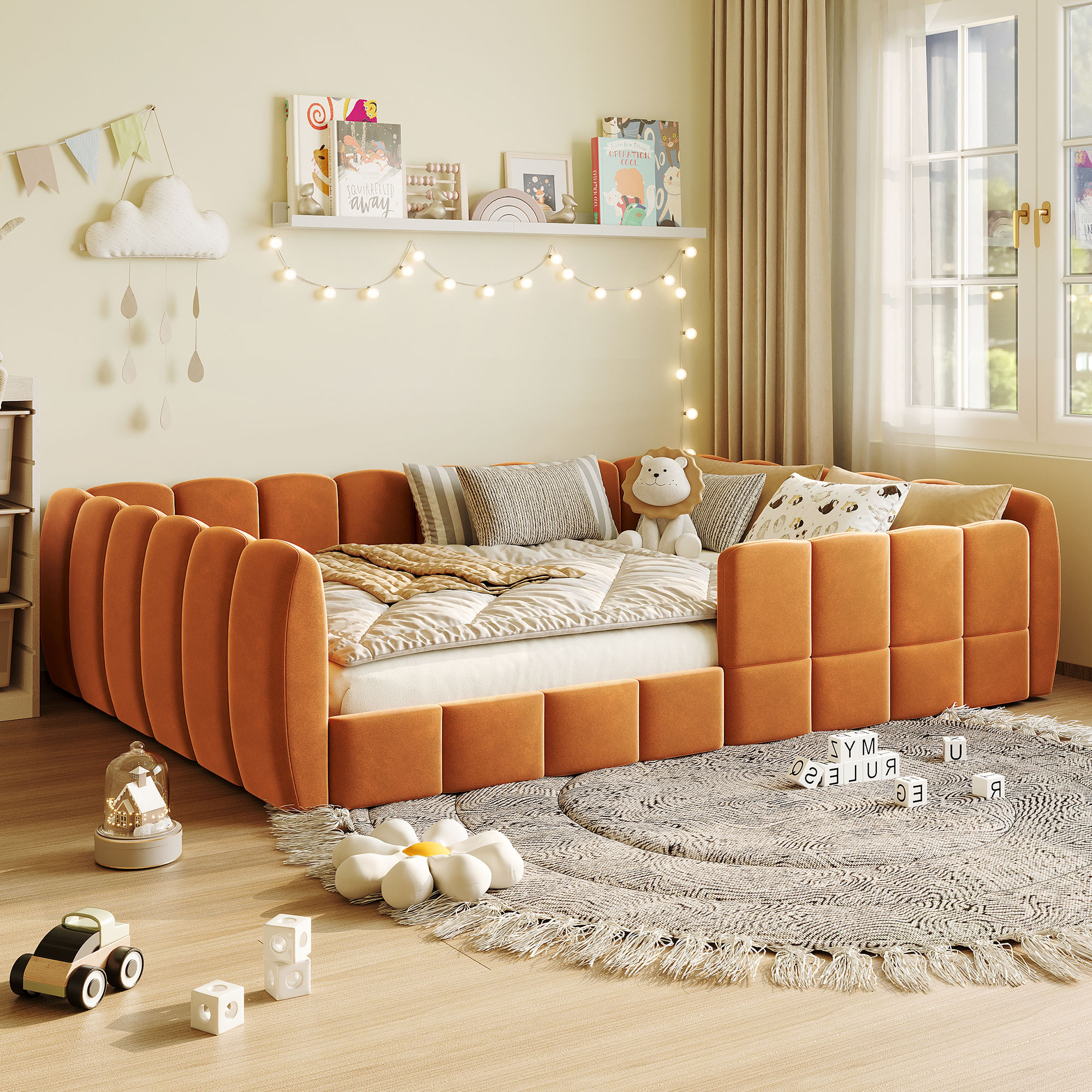 Full Size Velvet Upholstered Floor Bed