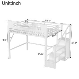 Metal Queen Loft Bed With High And House Shaped Guardrails, Stairs and Wardrobe
