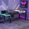 Twin Gaming Mid Loft Bed With Desk and LED Light