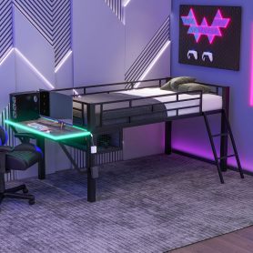 Twin Gaming Mid Loft Bed With Desk and LED Light