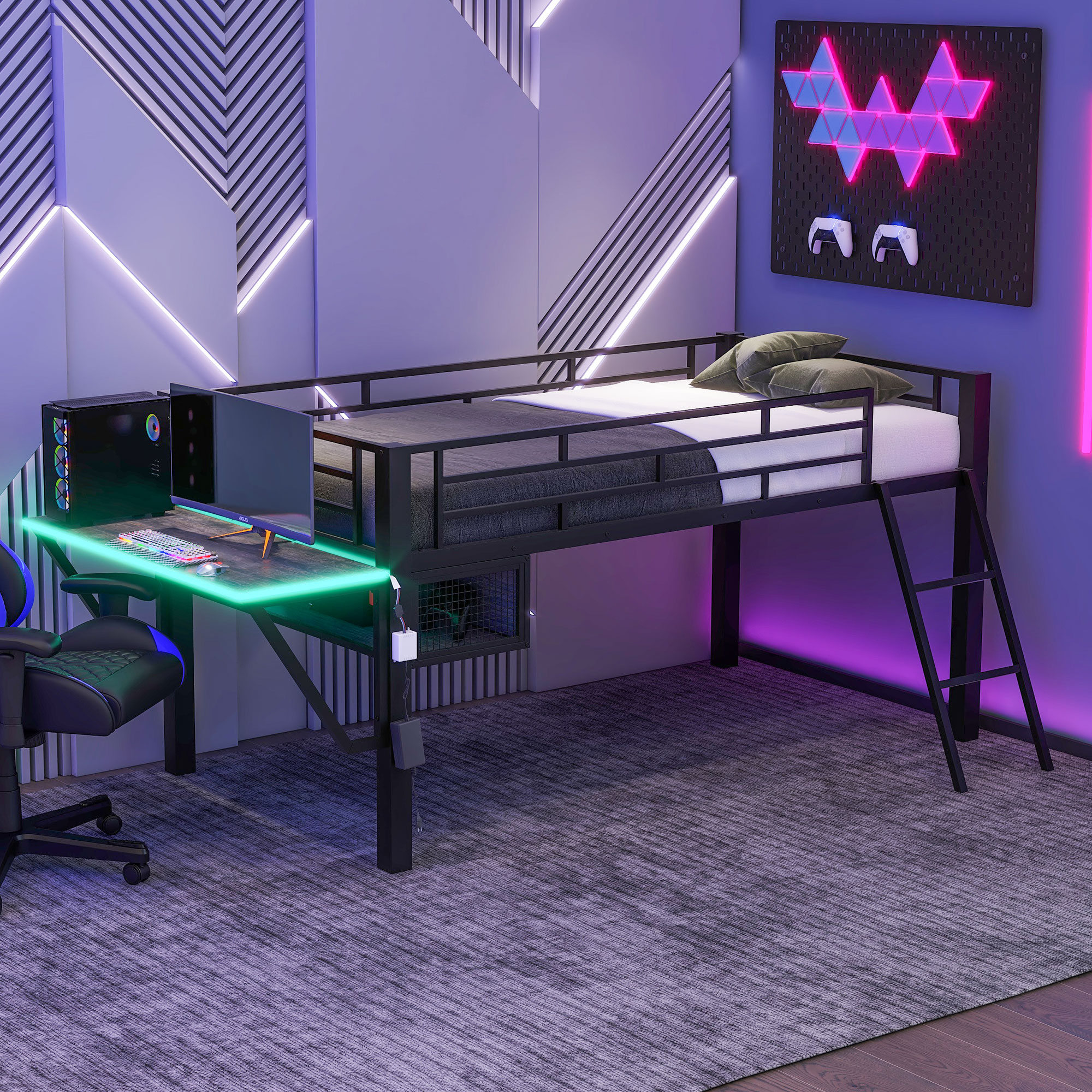Twin Gaming Mid Loft Bed With Desk and LED Light