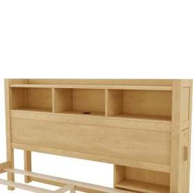 Wood Queen Bed with Drawers, Headboard And Pull Out Storage Cabinet