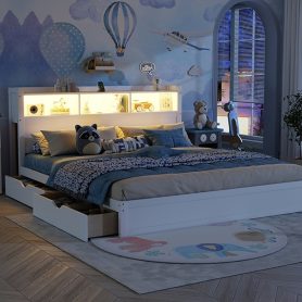 Wood King Bed with Drawers, Headboard And Pull Out Storage Cabinet