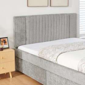 Queen Size Upholstered Bed with Vertical Channel Tufted Headboard & Nailhead Trim