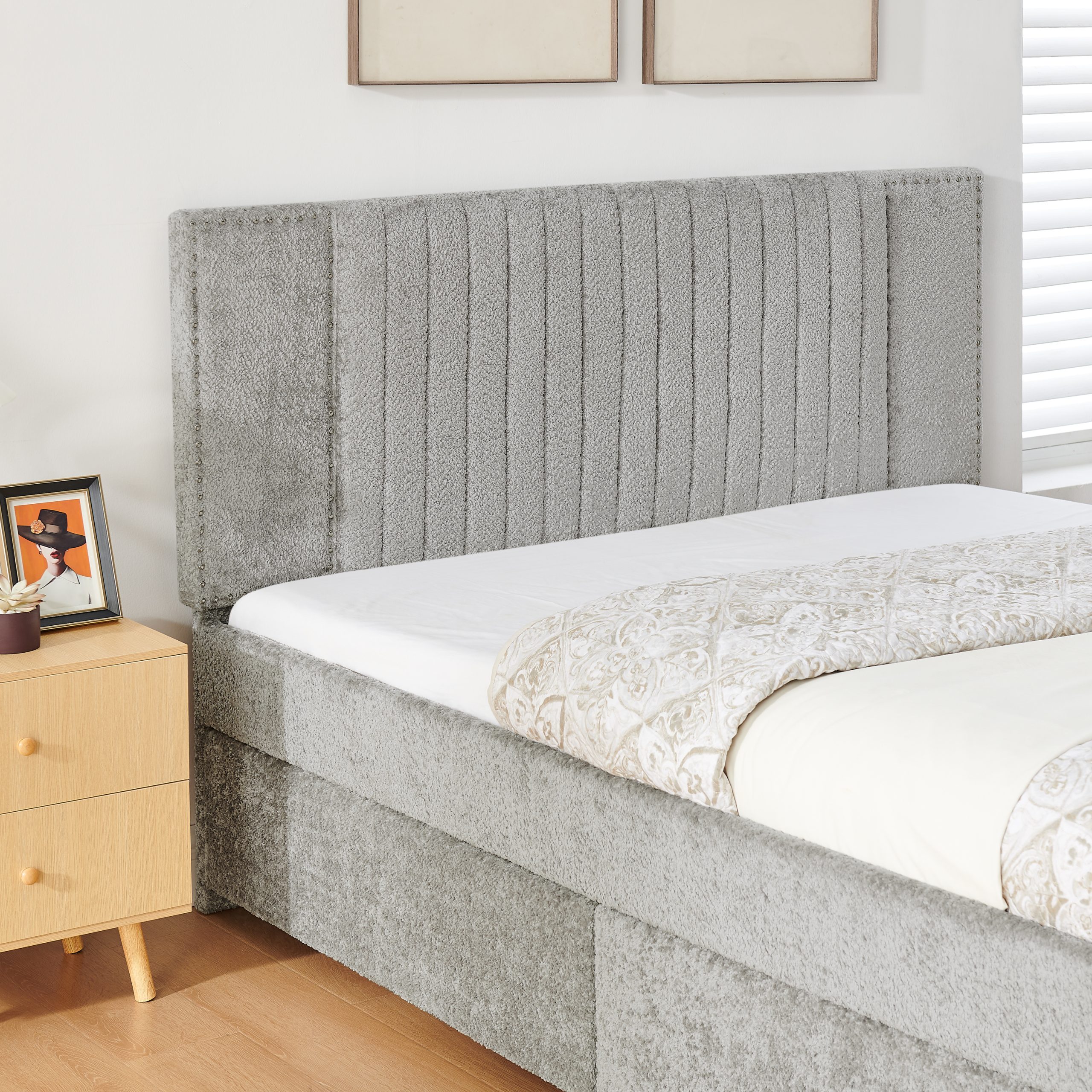 Queen Size Upholstered Bed with Vertical Channel Tufted Headboard & Nailhead Trim