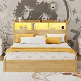 Wood Queen Bed with Drawers, Headboard And Pull Out Storage Cabinet