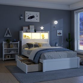 Wood Twin Bed with Drawers, Headboard And Pull Out Storage Cabinet