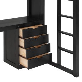 Twin Size Solid Wood Loft Bed with L-Shaped Desk and 4 Drawers