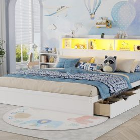 Wood King Bed with Drawers, Headboard And Pull Out Storage Cabinet