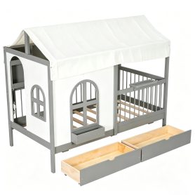 Twin Size House Bed with 2 Large Drawers, Side Bookshelf with LED Strip