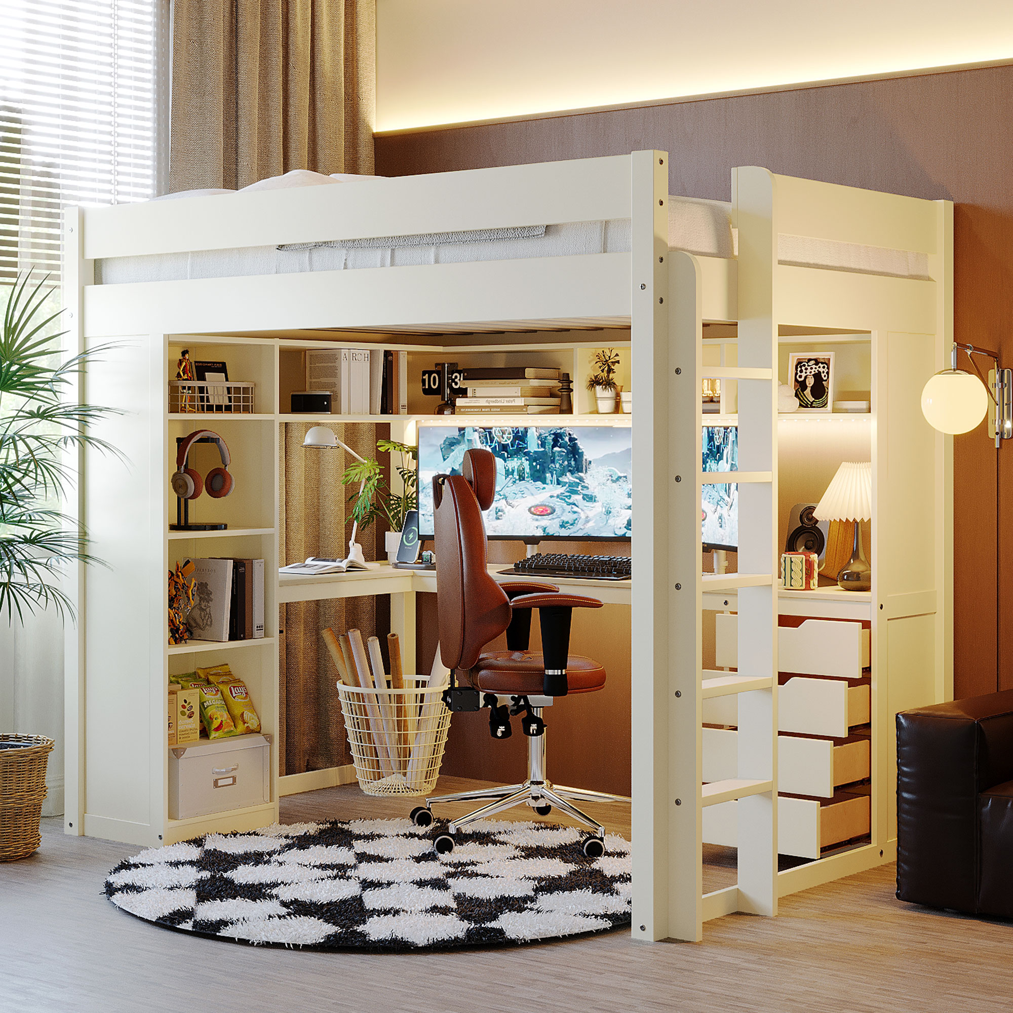 Full Size Solid Wood Loft Bed with L-Shaped Desk and 4 Drawers