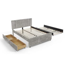 Queen Size Upholstered Bed with Vertical Channel Tufted Headboard & Nailhead Trim