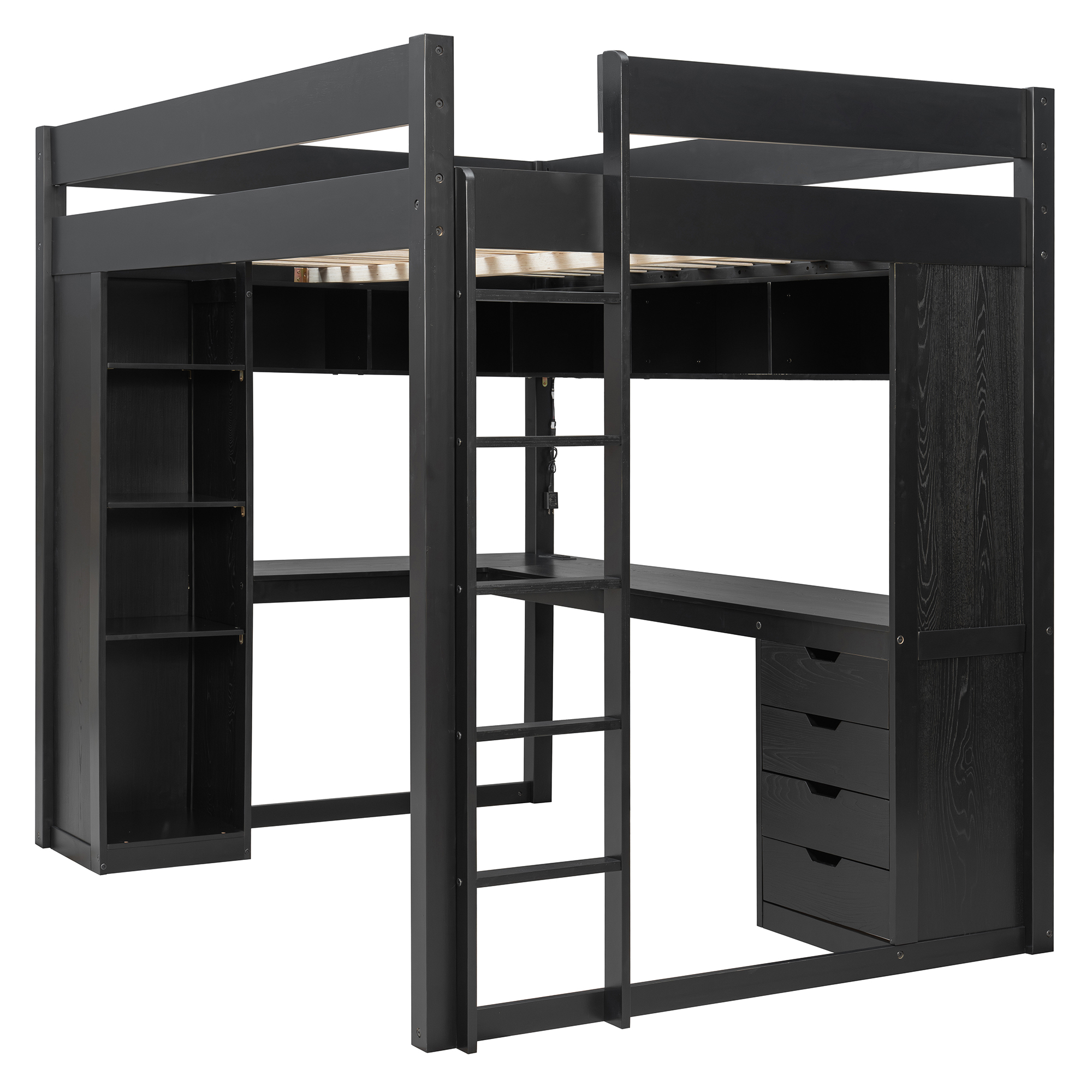 Full Size Solid Wood Loft Bed with L-Shaped Desk and 4 Drawers