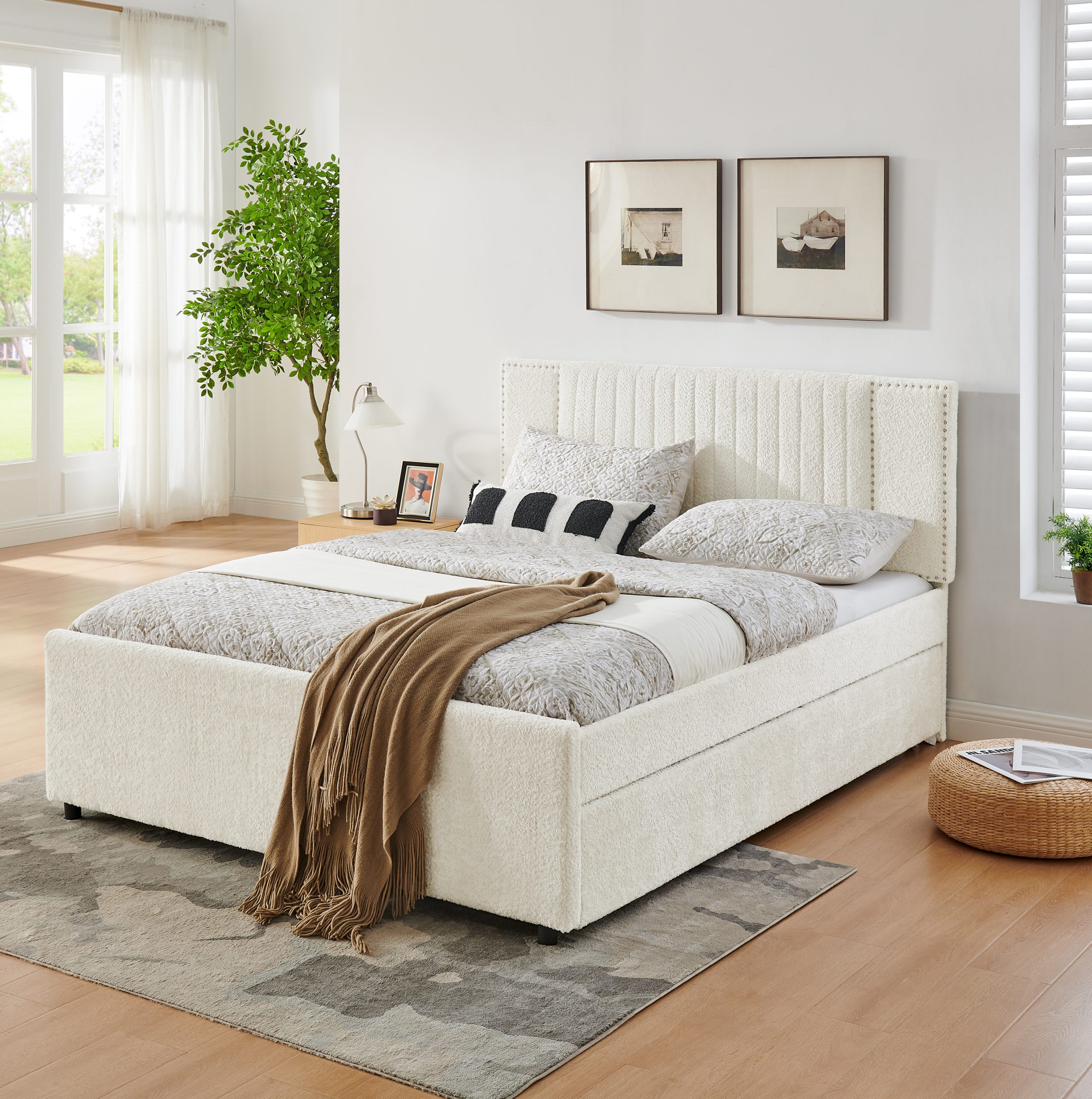 Queen Size Upholstered Bed with Vertical Channel Tufted Headboard & Nailhead Trim