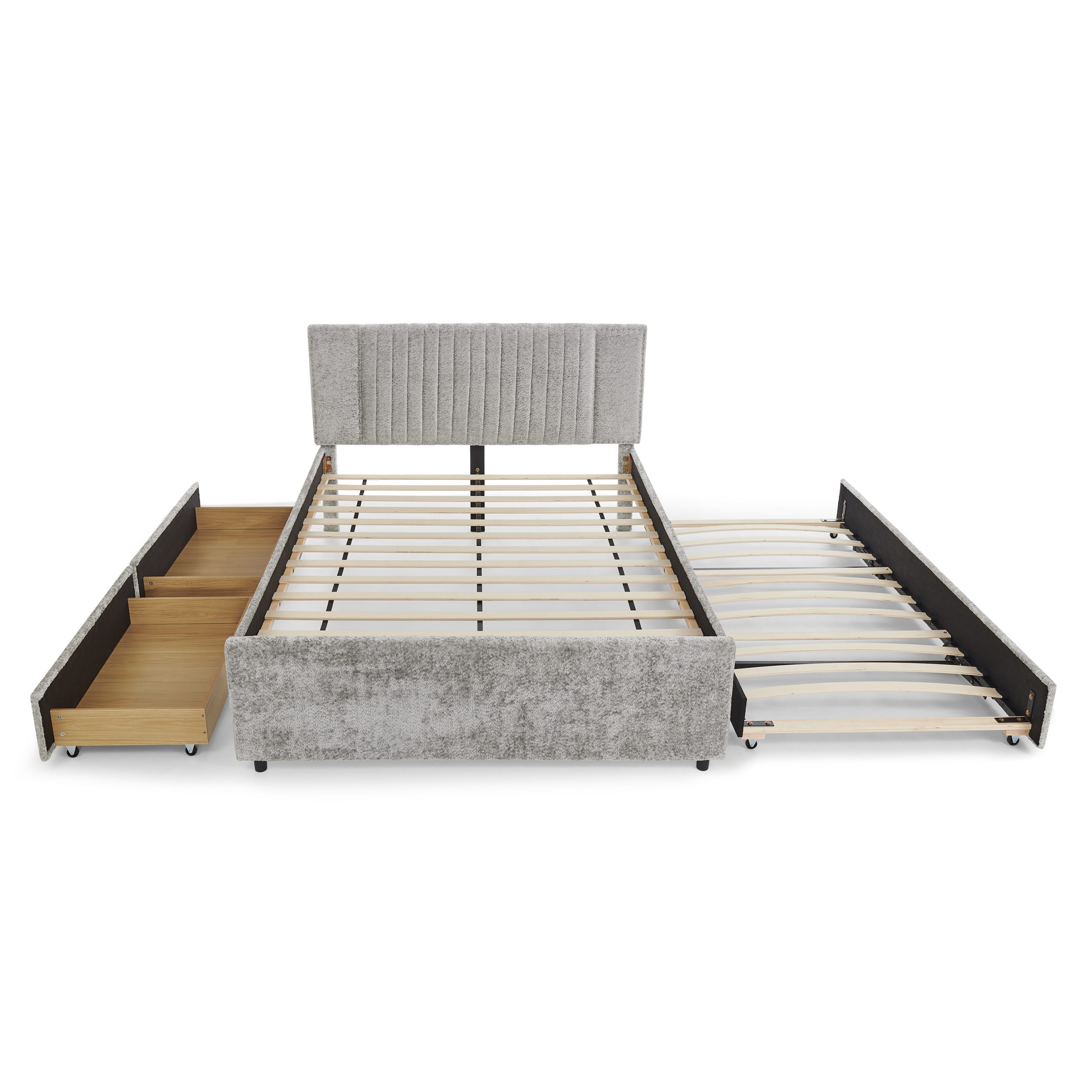 Queen Size Upholstered Bed with Vertical Channel Tufted Headboard & Nailhead Trim