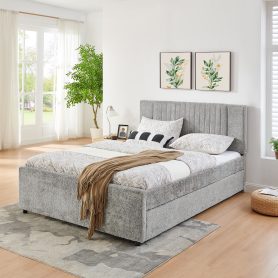 Queen Size Upholstered Bed with Vertical Channel Tufted Headboard & Nailhead Trim