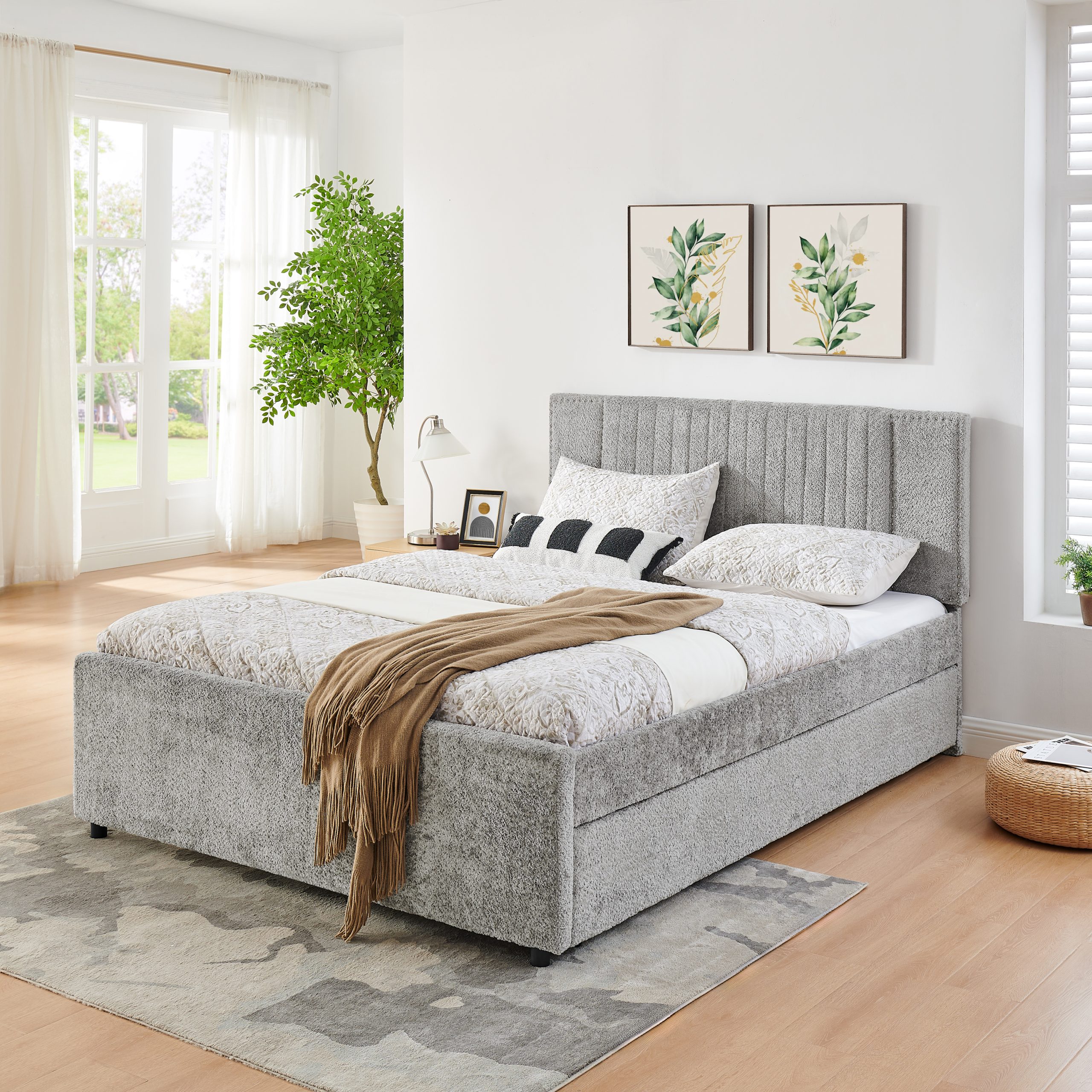 Queen Size Upholstered Bed with Vertical Channel Tufted Headboard & Nailhead Trim
