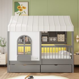 Twin Size House Bed with 2 Large Drawers, Side Bookshelf with LED Strip